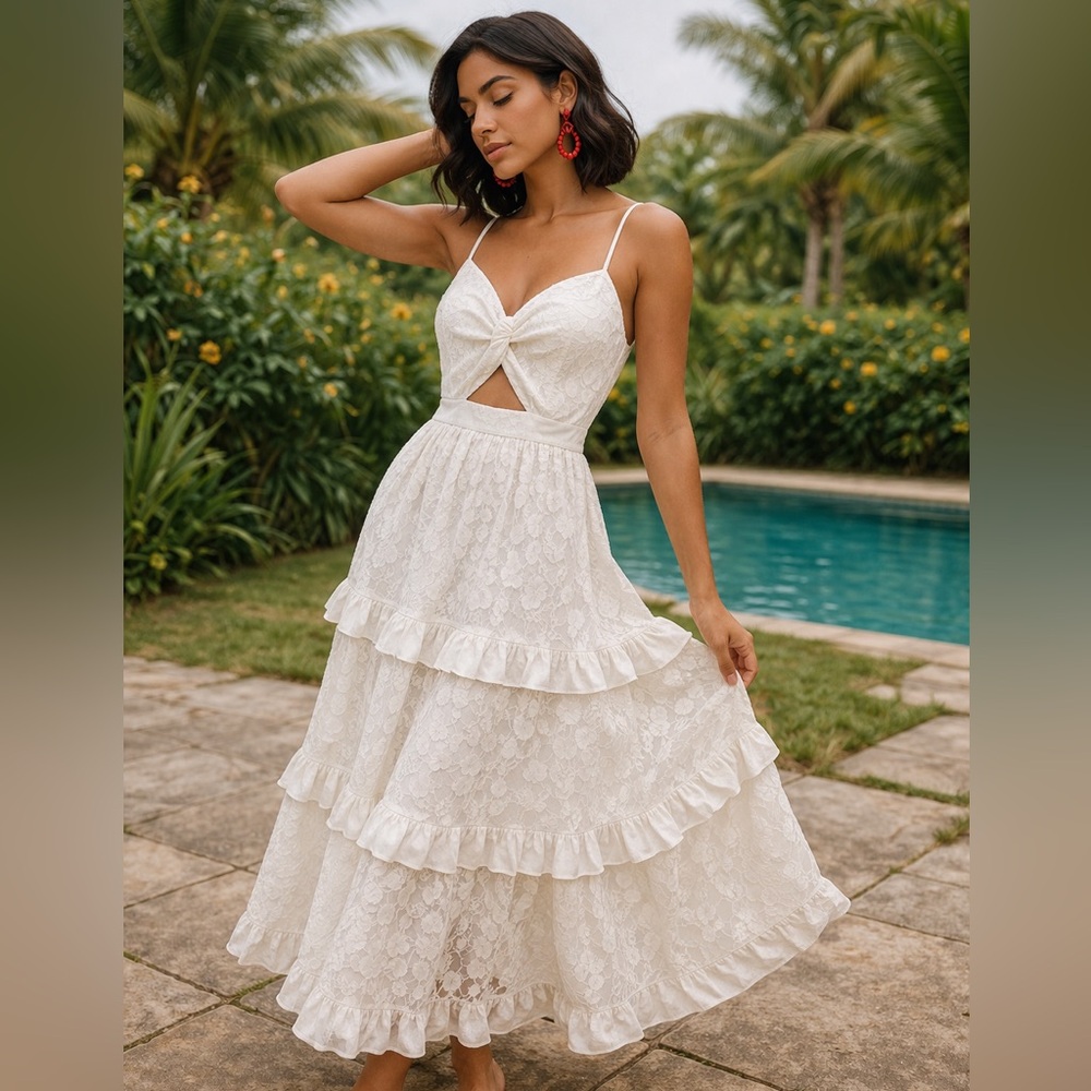 Lace Tiered White Midi Dress with Cutout Detail with side slit